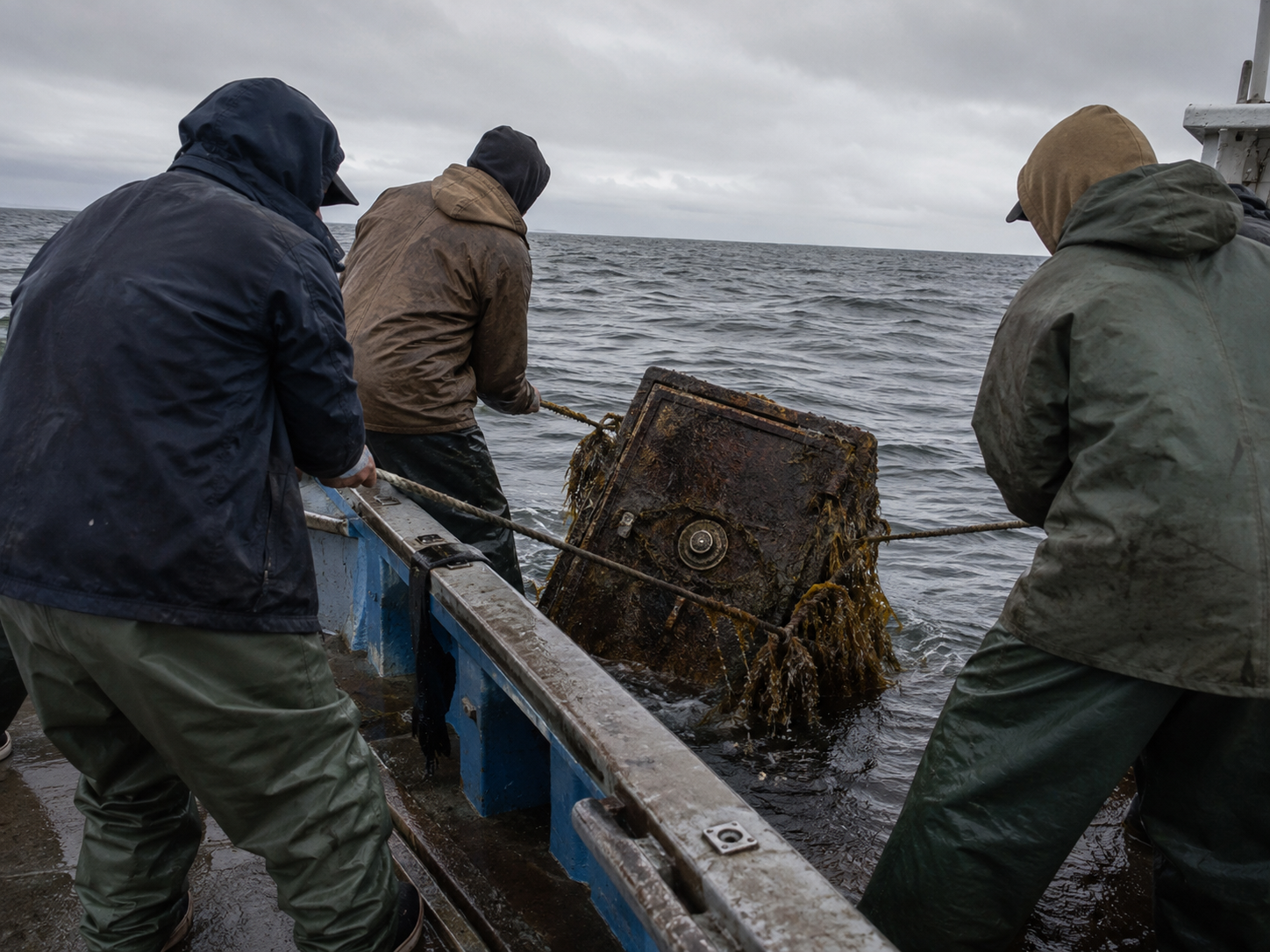 Fischer ziehen einen verrosteten, mit Algen bedeckten Safe aus dem Wasser auf ihr Boot