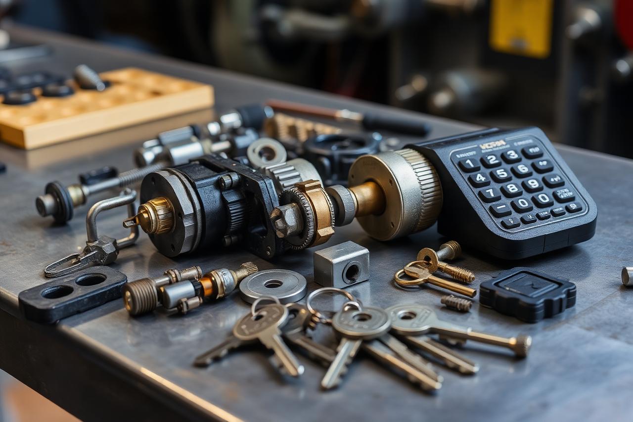 Zerlegte Safe-Schlossmechanik und Ersatzteile auf der Werkbank
